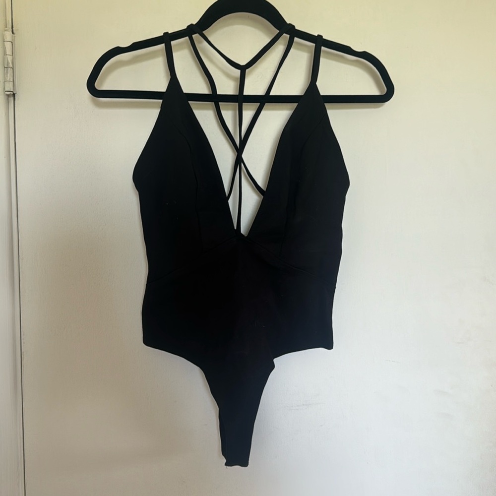 Black Choker Cross Back Low Cut Bodysuit